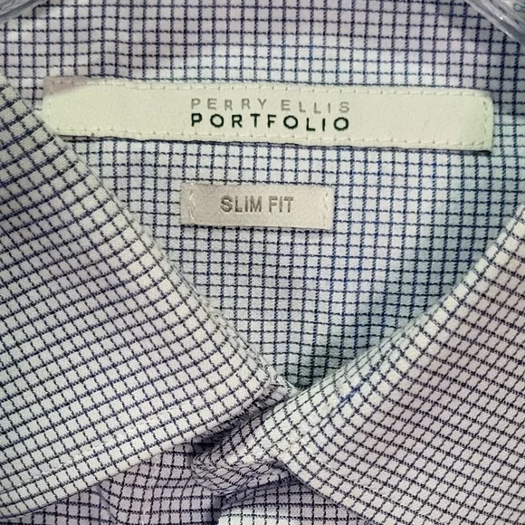 Perry Ellis Slim Fit Blue Checkered Print Long Sleeve Dress Shirt Small (32/33) - Picture 3 of 8